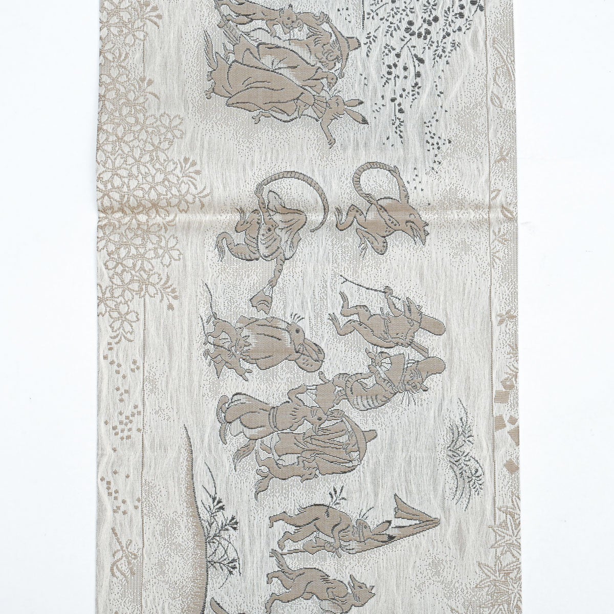 未使用品】しゃれ袋帯 京都栂尾 高山寺 鳥獣戯画 絵巻風意匠 グレー