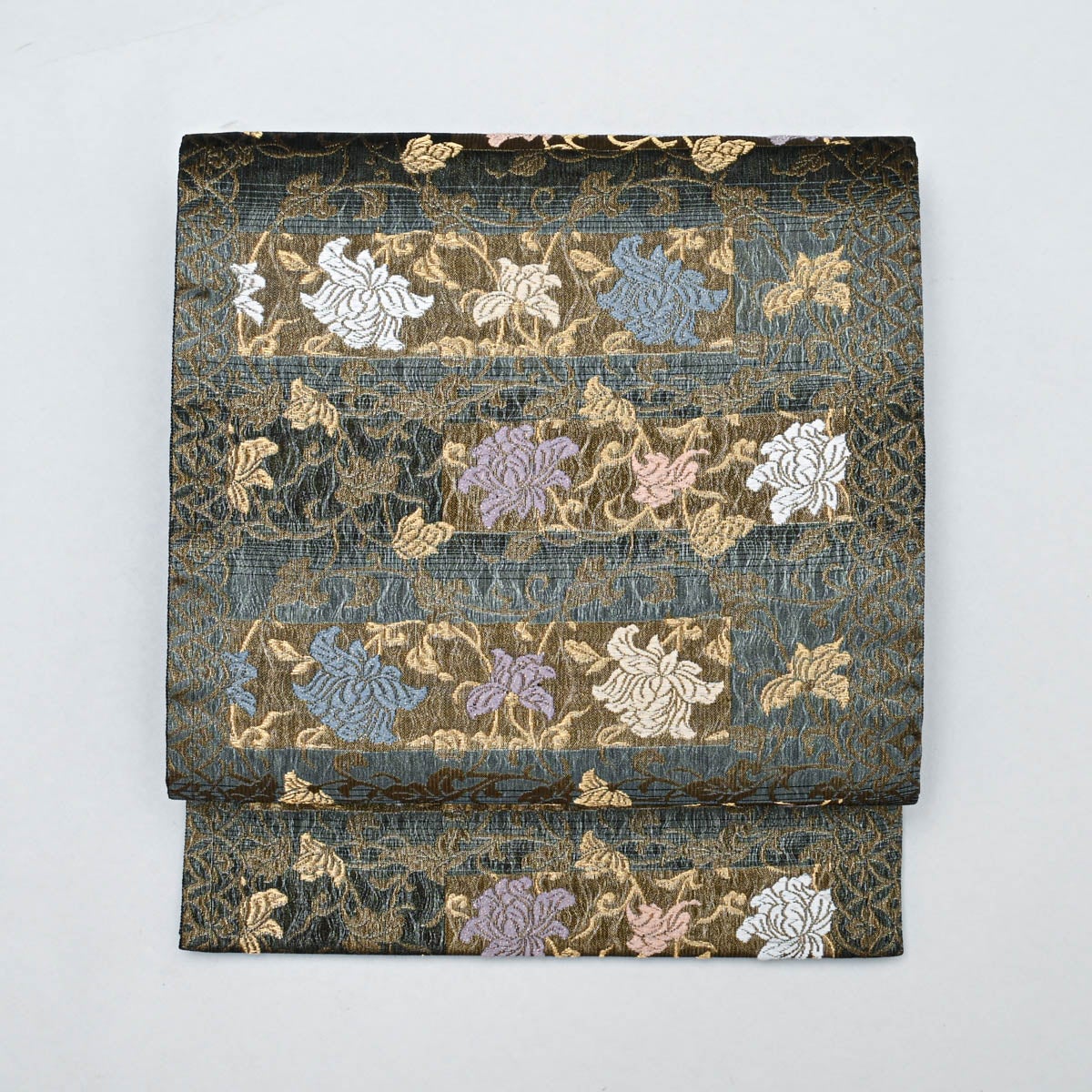 新品未使用 名古屋帯 西陣織 正絹 花丸文 金地 美品】名古屋帯 唐織 花唐草文 横段 ダークブルー 黒 金糸入り 西陣織