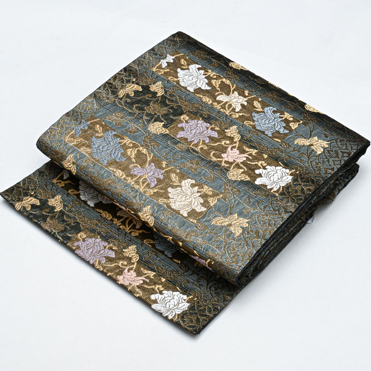 美品】名古屋帯 唐織 花唐草文 横段 ダークブルー 黒 金糸入り 西陣織