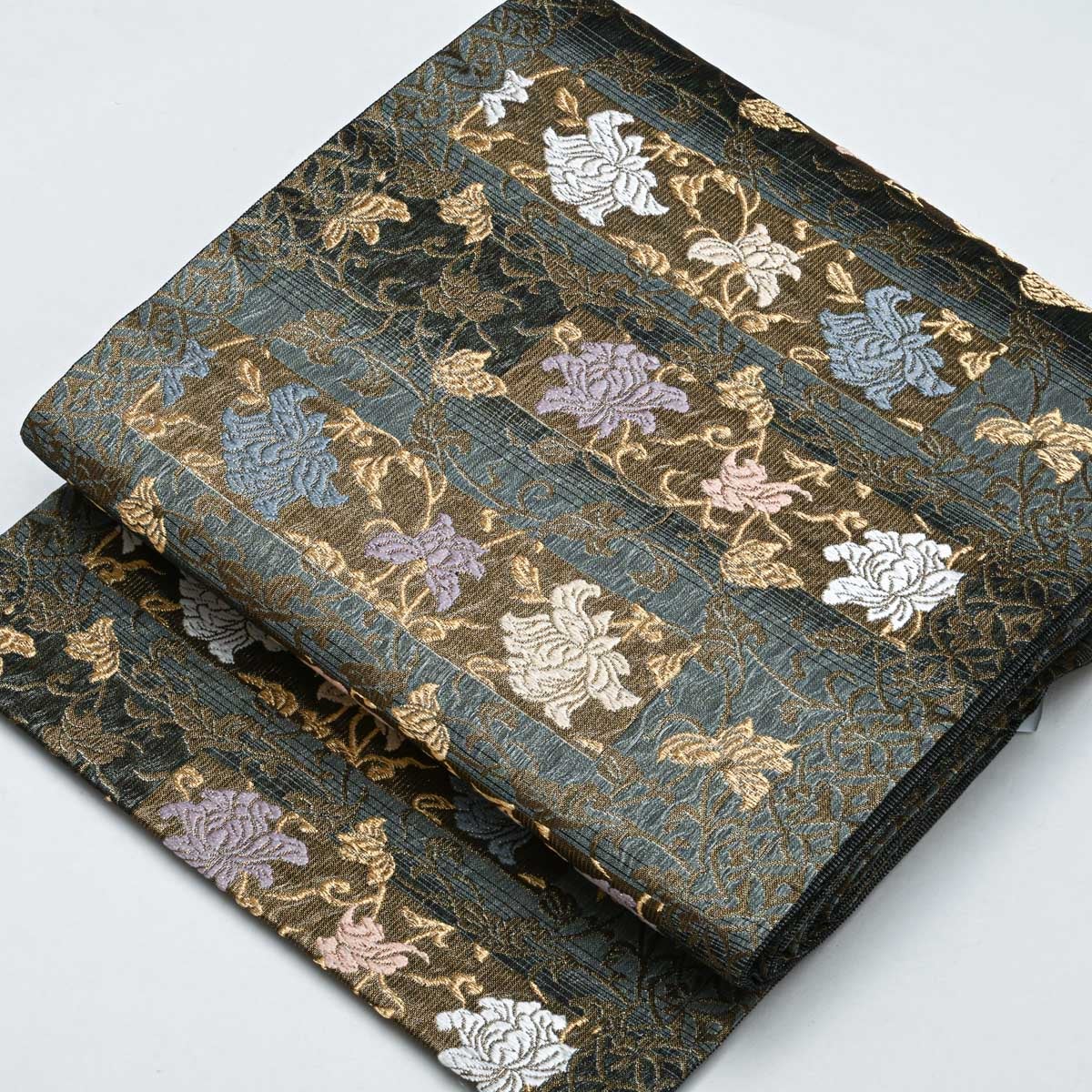 美品】名古屋帯 唐織 花唐草文 横段 ダークブルー 黒 金糸入り 西陣織