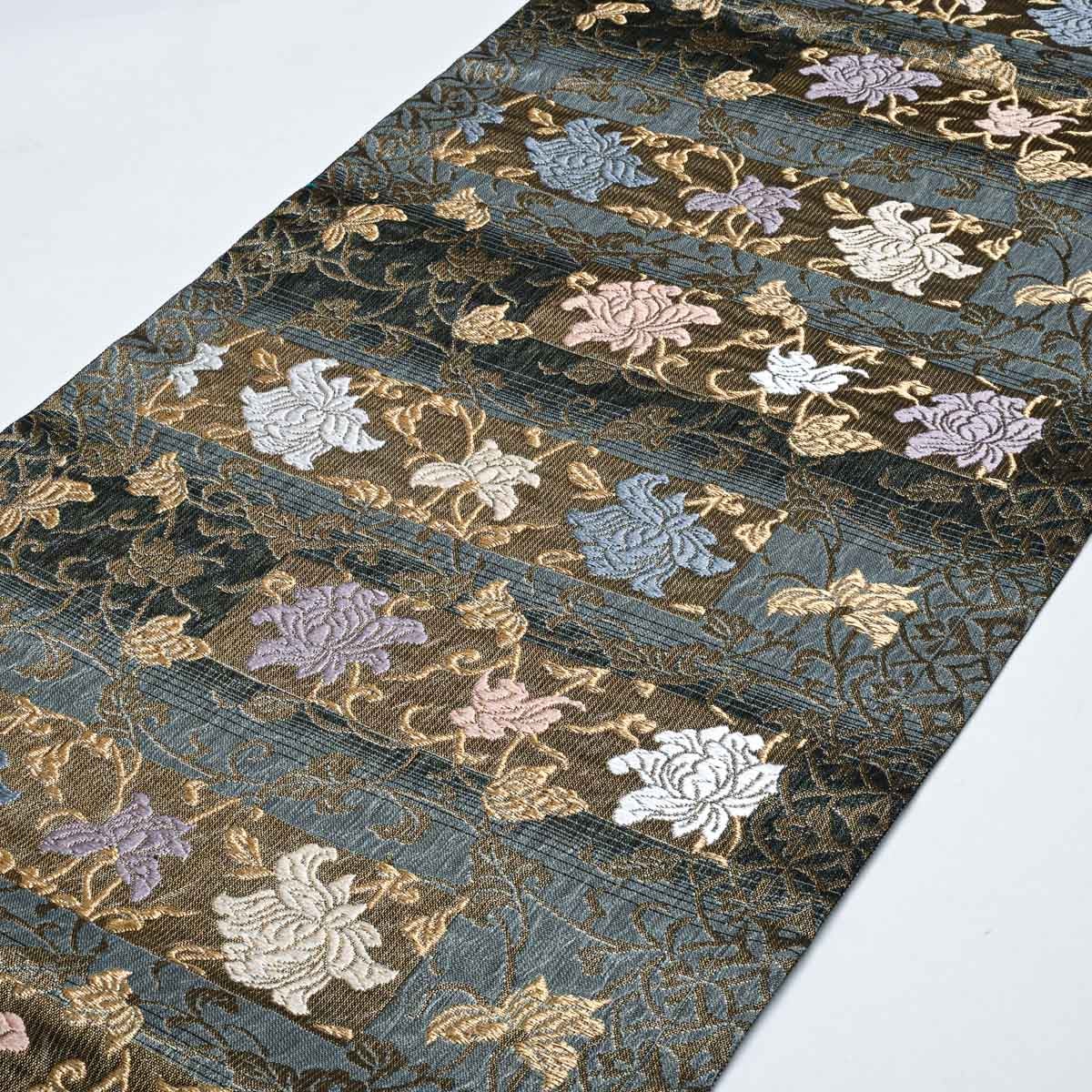 美品】名古屋帯 唐織 花唐草文 横段 ダークブルー 黒 金糸入り 西陣織