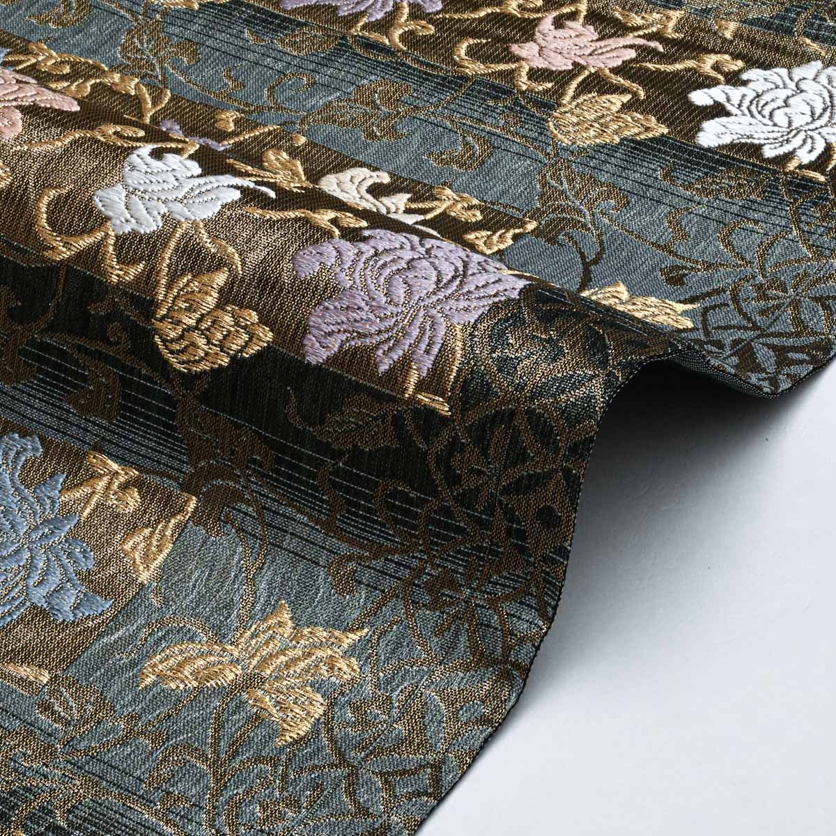 美品】名古屋帯 唐織 花唐草文 横段 ダークブルー 黒 金糸入り 西陣織