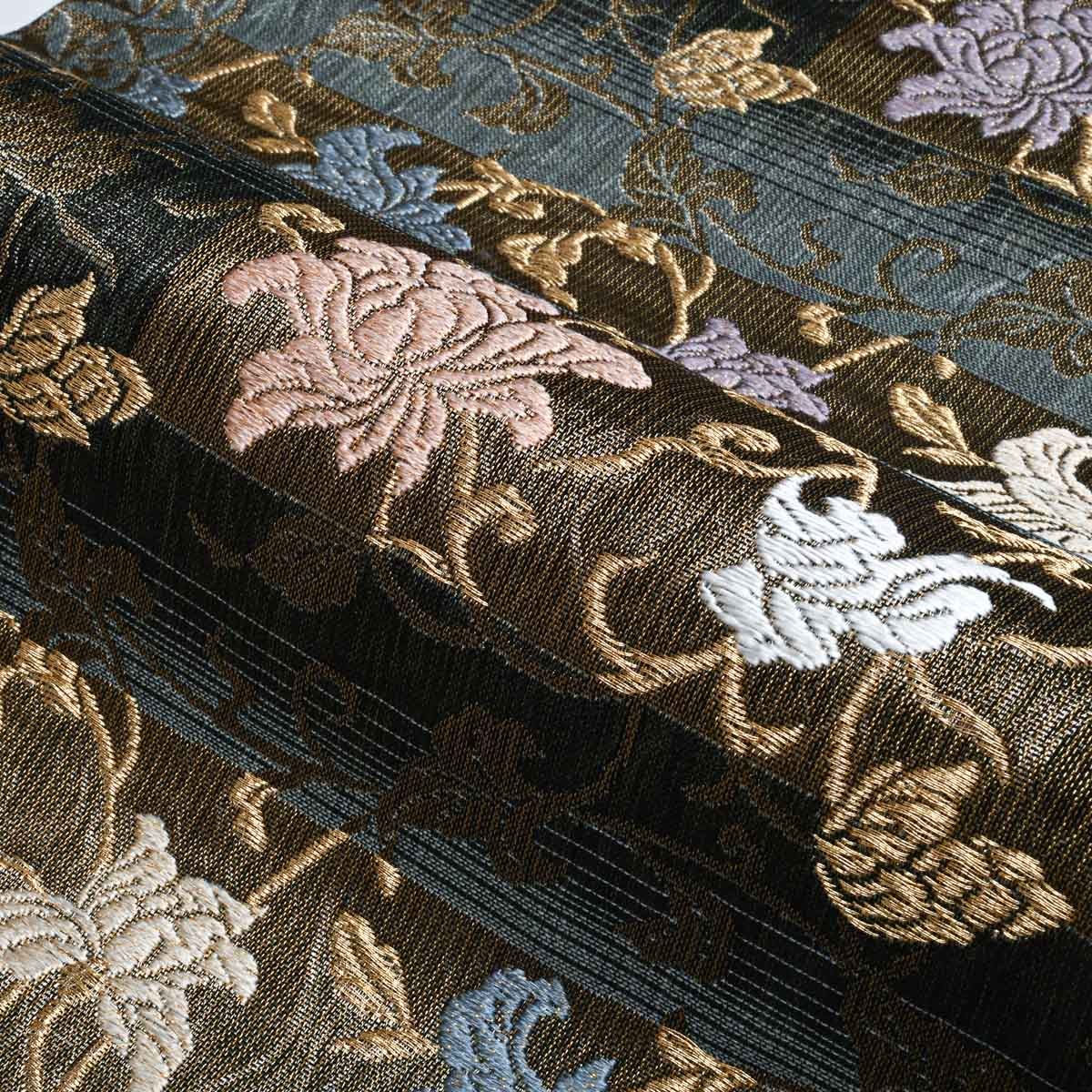 美品】名古屋帯 唐織 花唐草文 横段 ダークブルー 黒 金糸入り 西陣織
