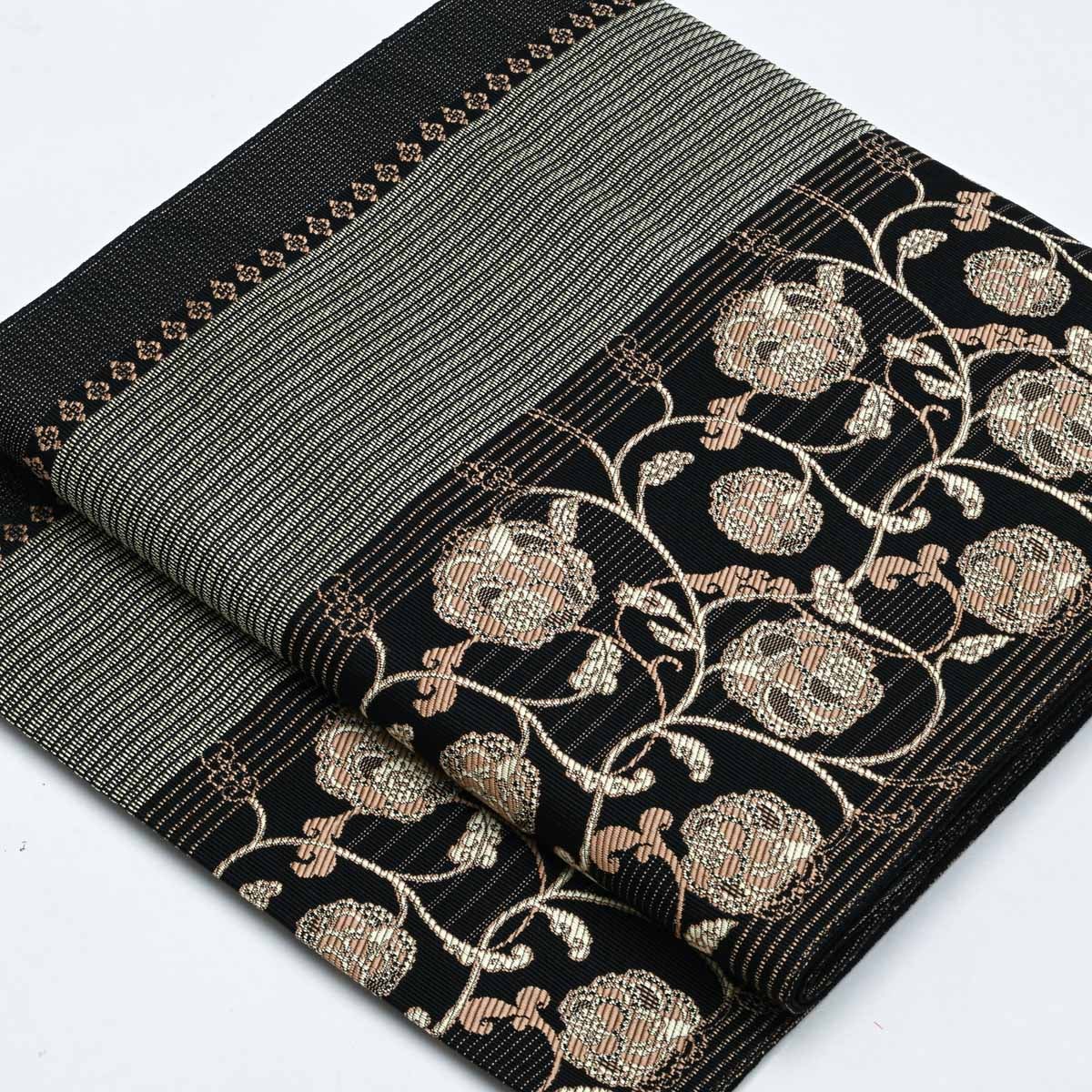 新品】名古屋帯 本場筑前 博多織 協和織物謹製 紋織 平縞 花唐草 黒