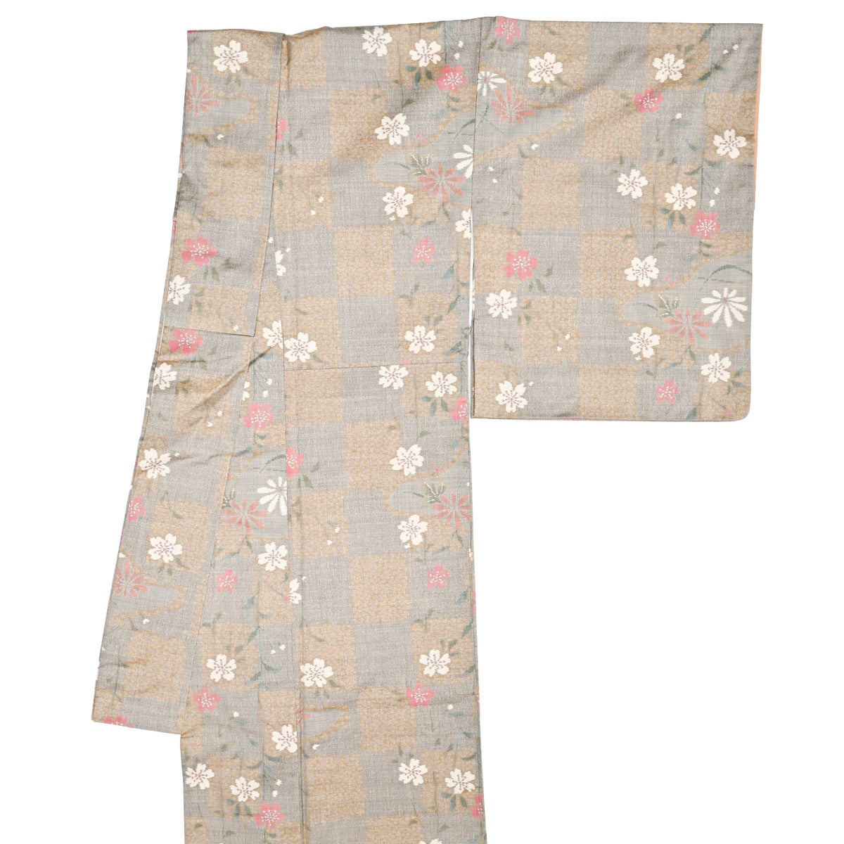 大島紬】紬 手織り 桜 市松 ベージュ系 正絹 袷 身丈：約156.5cm 裄
