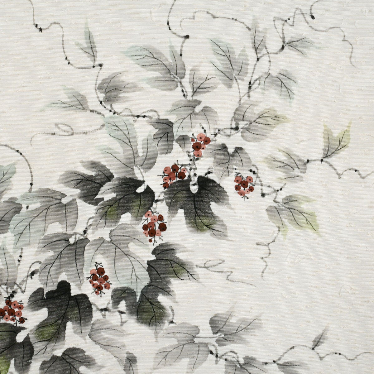 手描き友禅】名古屋帯 墨絵調 植物文様 ひげ紬 オフホワイト 正絹 九寸