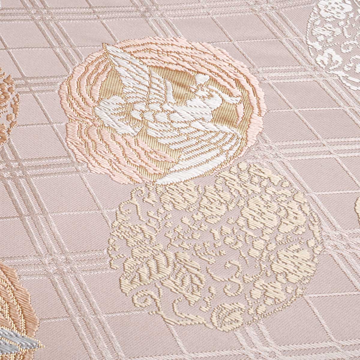 袋帯 唐織 瑞鳥 花唐草 丸文 菱格子 ピンクベージュ ペールカラー