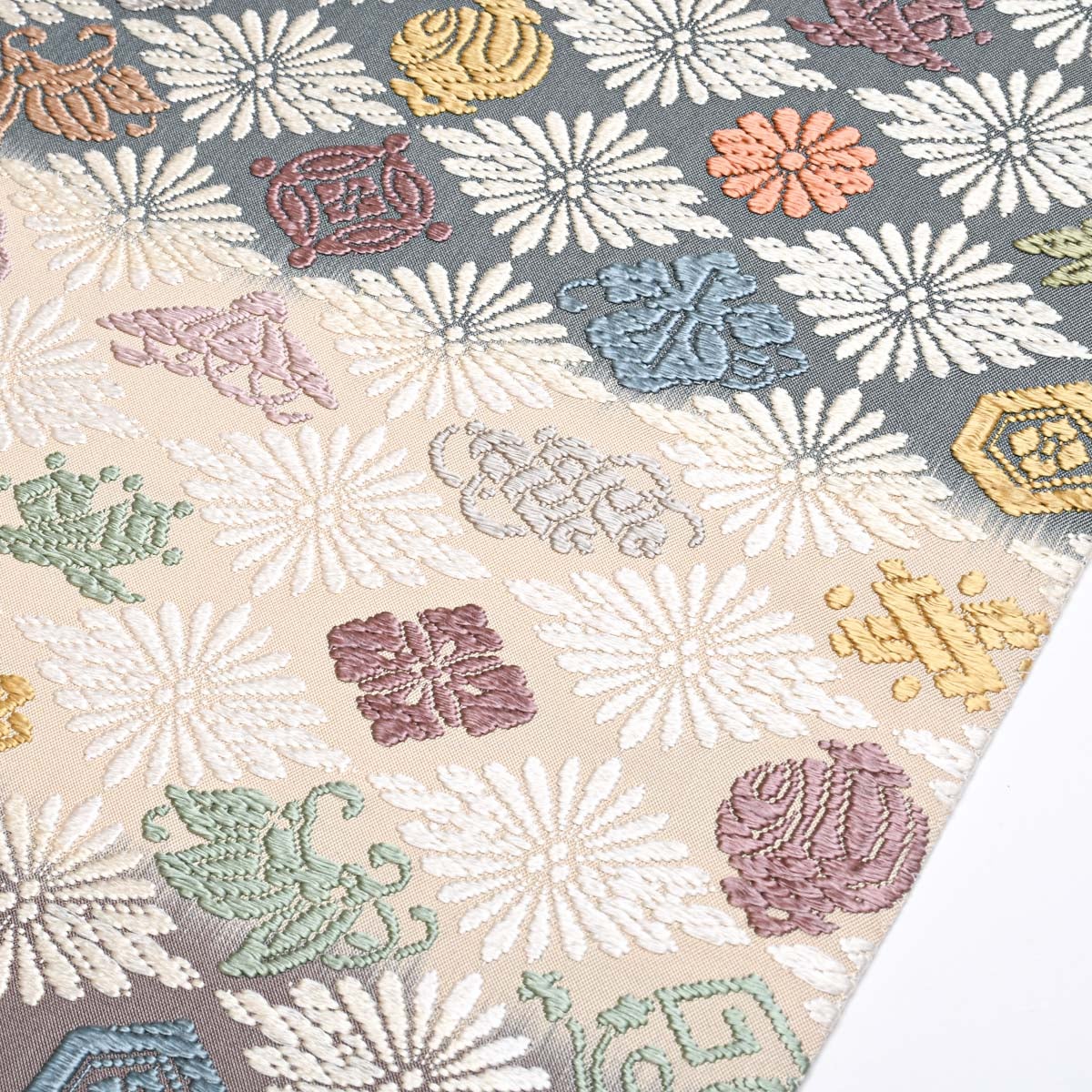 美品】袋帯 慶長唐織 花菱 松竹梅 宝尽し アイボリー 紺鼠 紫鼠 西陣織 美品】袋帯 慶長唐織 花菱 松竹梅 宝尽し アイボリー 紺鼠 紫鼠 西陣織