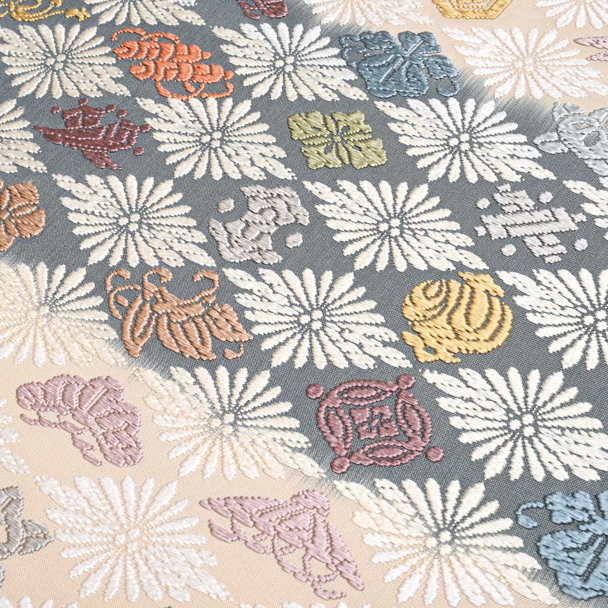 美品】袋帯 慶長唐織 花菱 松竹梅 宝尽し アイボリー 紺鼠 紫鼠 西陣織