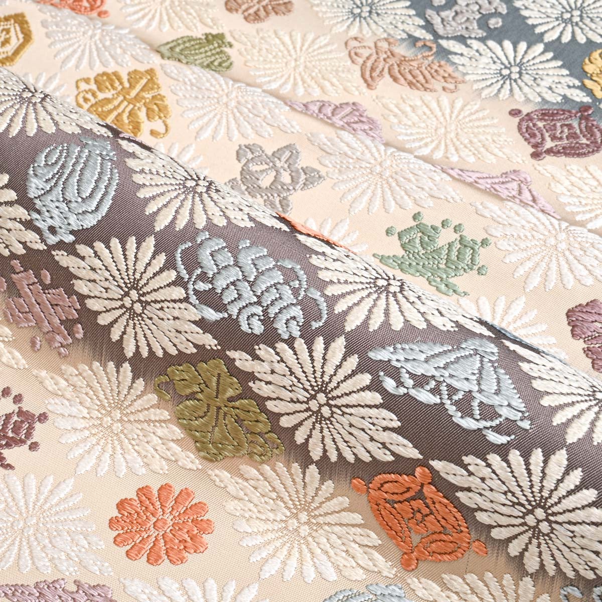 美品】袋帯 慶長唐織 花菱 松竹梅 宝尽し アイボリー 紺鼠 紫鼠 西陣織