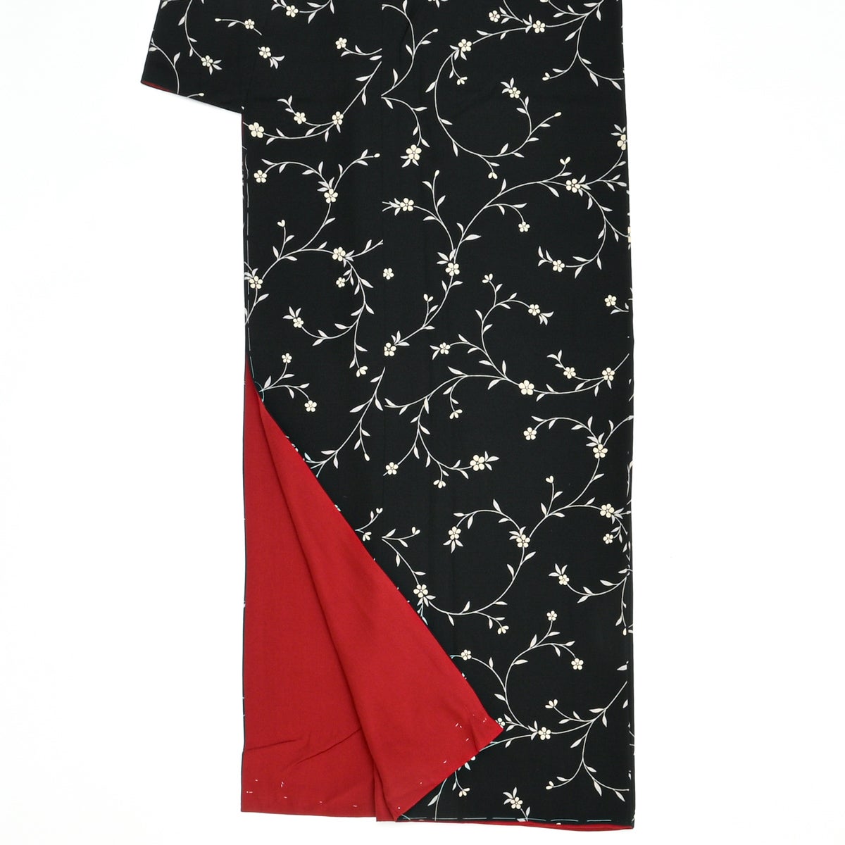 小紋 友禅 花唐草文 黒地 白 正絹 袷 身丈：約155.5cm 裄：約65.5cm