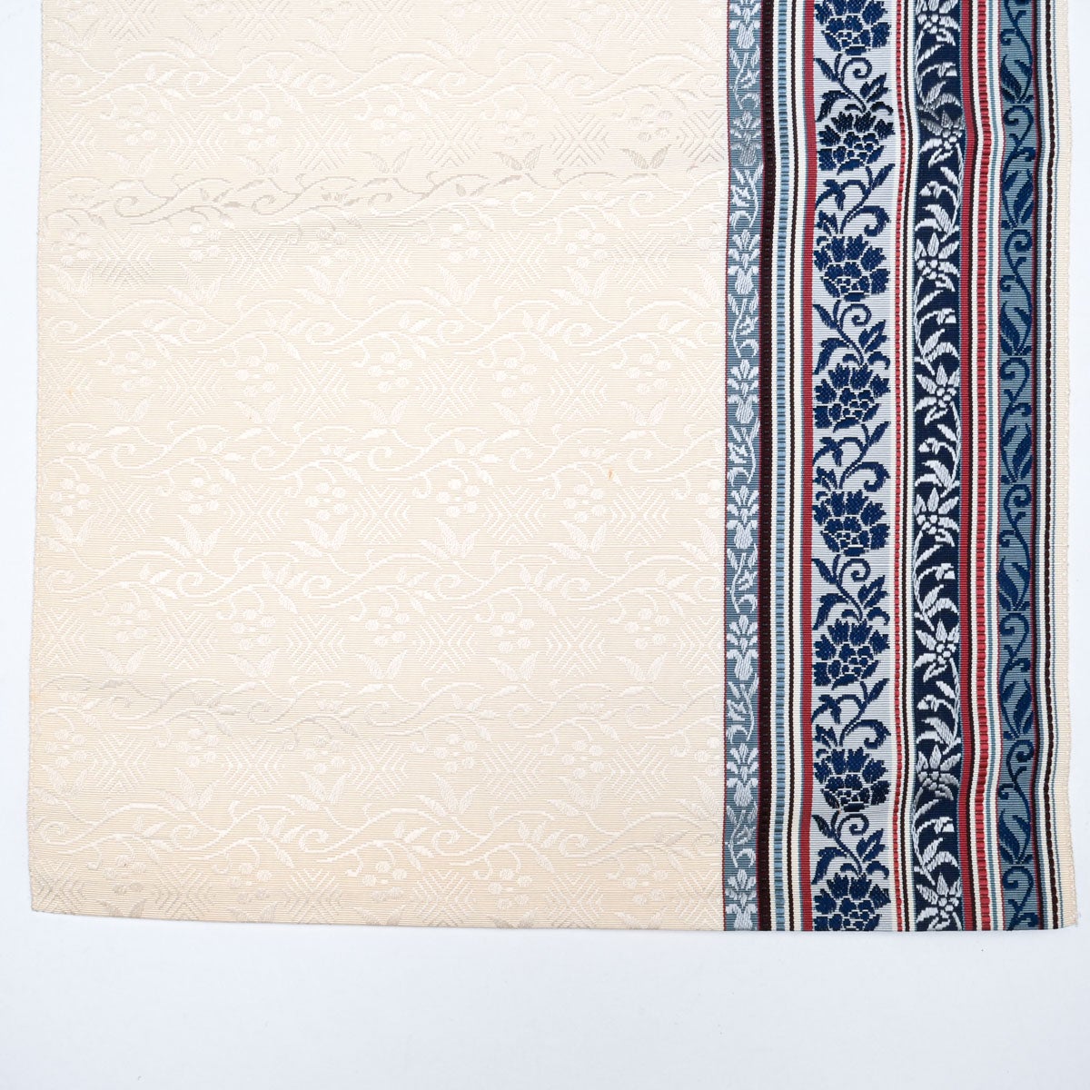 【未使用品】名古屋帯 博多織 紗 縞 花唐草文様 盛夏用 ベージュ系 八寸正絹 本場筑前 博多織】名古屋帯 花唐草 間道縞 オフホワイト地 藍色 正絹
