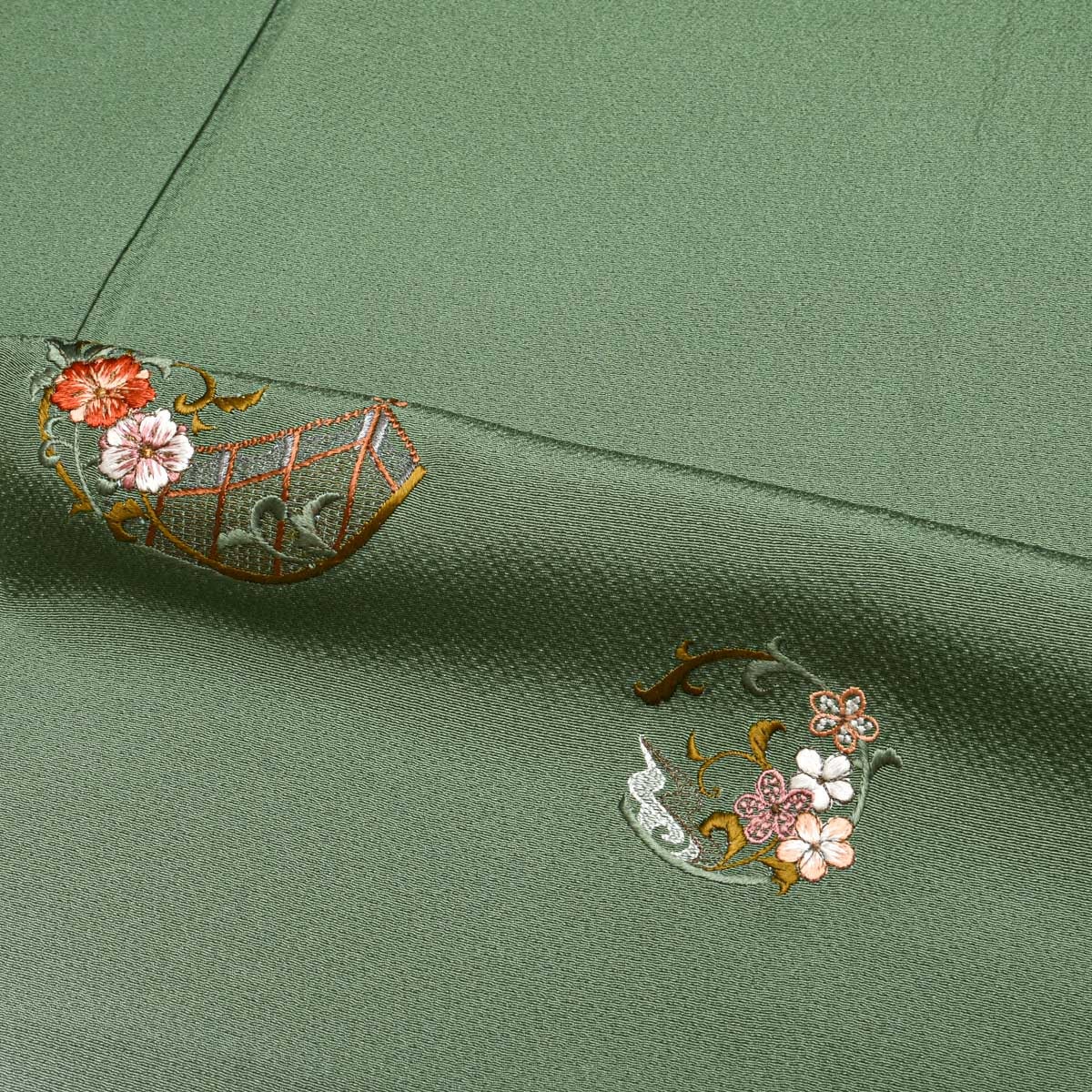 美品】付下げ訪問着 刺繍 花丸文 裾暈し上げ 緑青色 正絹 袷 身丈：約