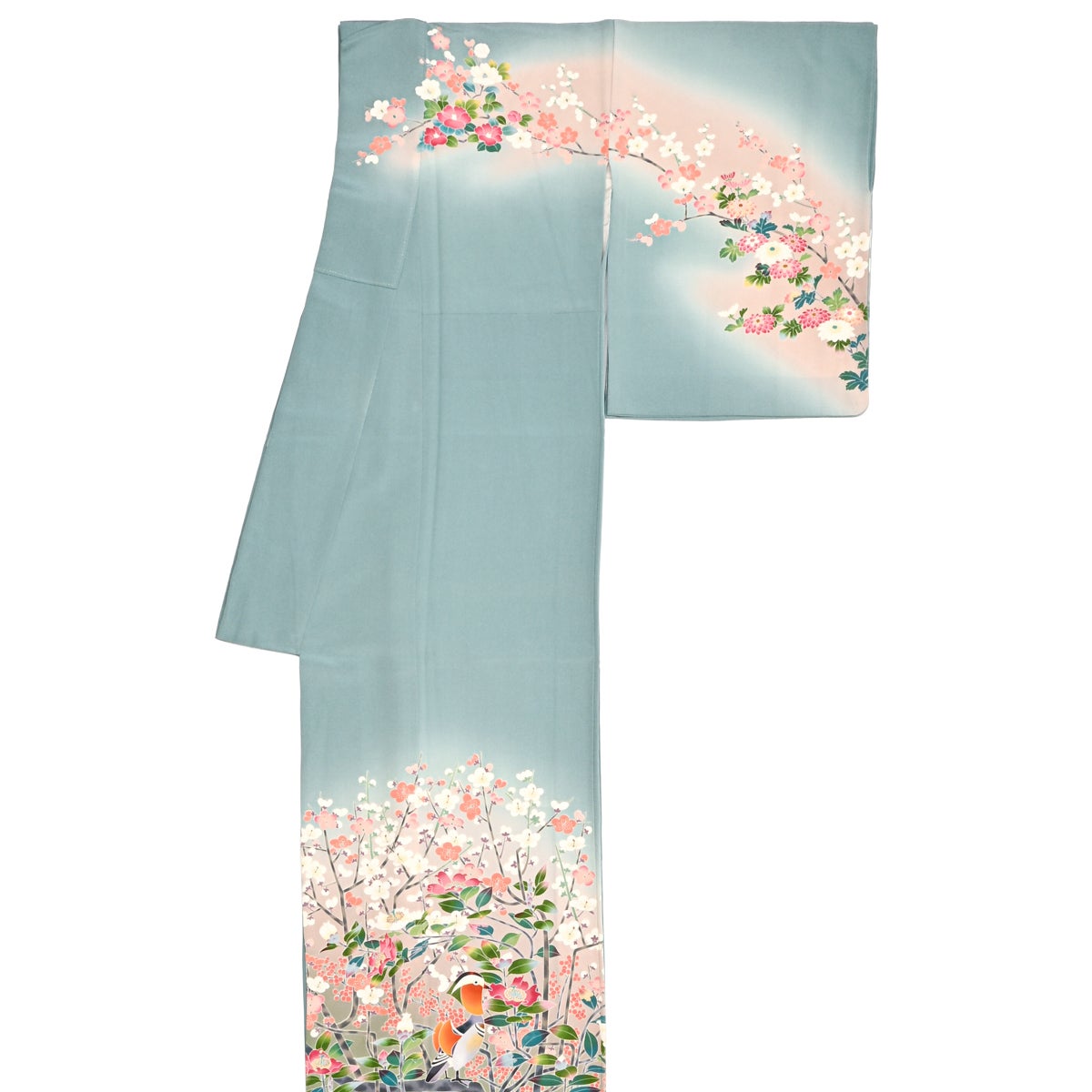 訪問着 友禅 百花繚乱 鳥の図 瓶覗色 一つ紋 正絹 袷 身丈：約163cm 裄