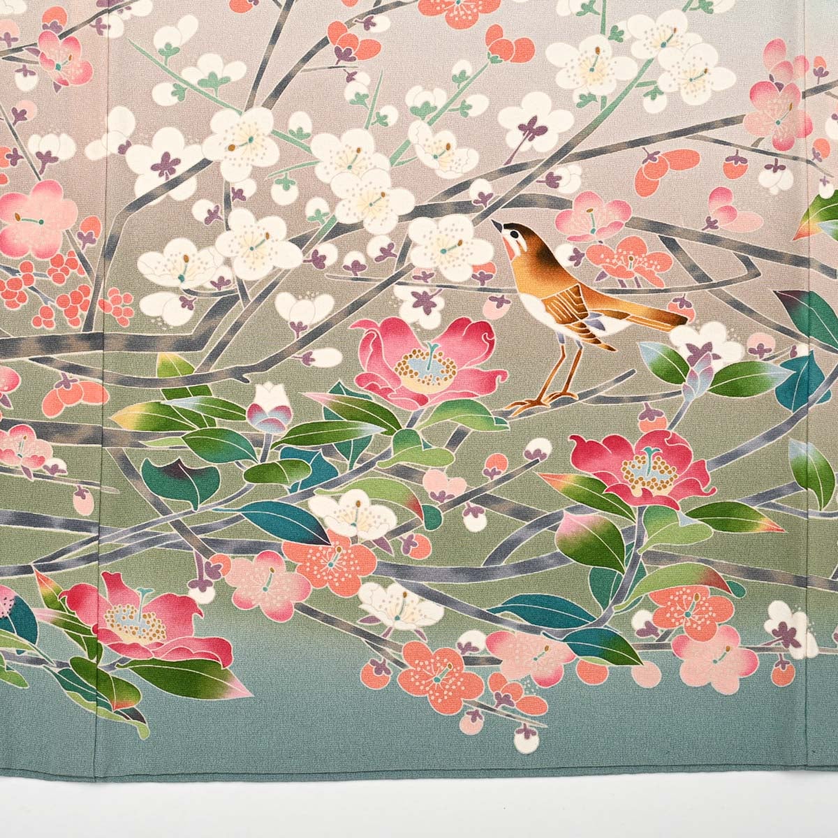 訪問着 友禅 百花繚乱 鳥の図 瓶覗色 一つ紋 正絹 袷 身丈：約163cm 裄