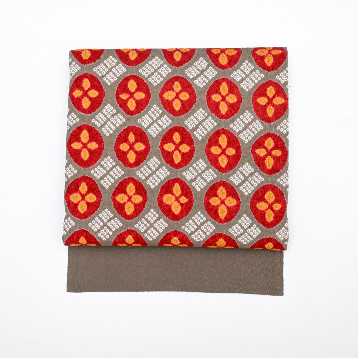 名古屋帯 総絞り 丸文 菱文 灰汁色 赤 橙 正絹 九寸 | 中古
