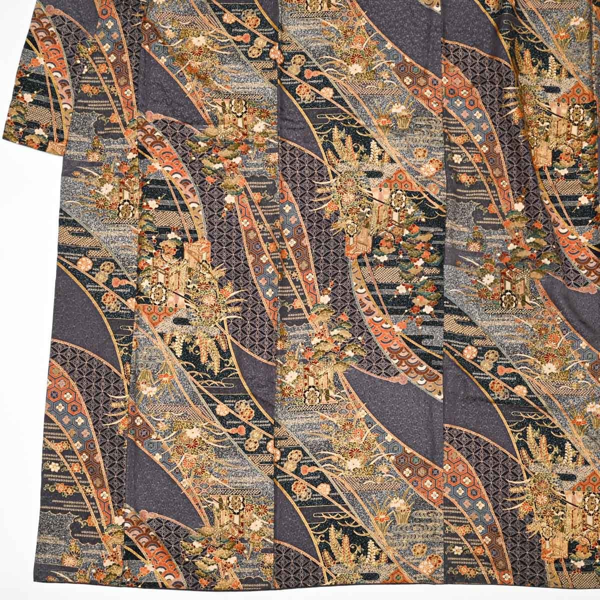 美品】小紋 友禅 金彩 牛車 割付文様 植物文 濃鼠系 正絹 袷 身丈：約