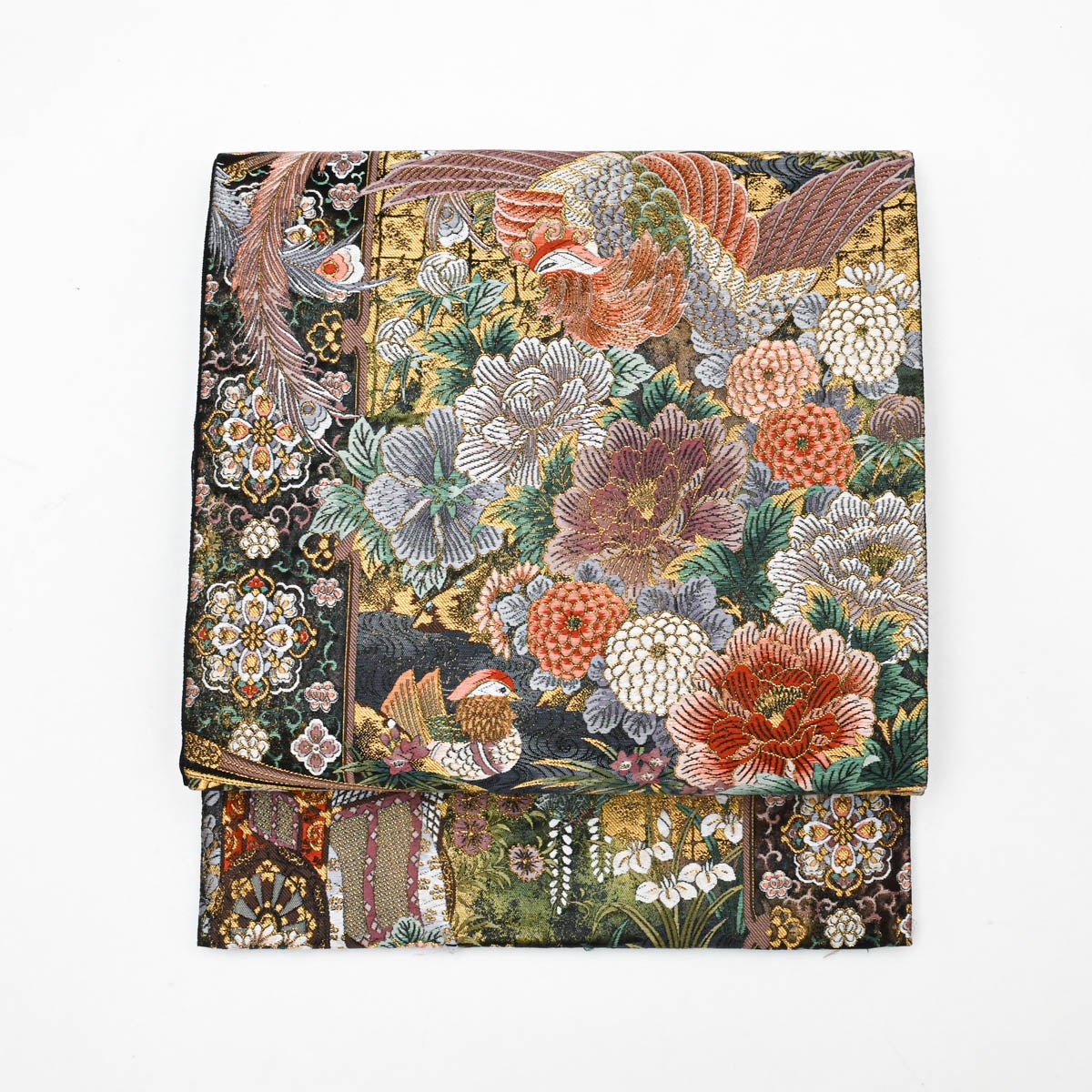 未使用品】袋帯 美品 鳳凰 百花 唐花文 本漆本金箔 黒地 西陣織 正絹