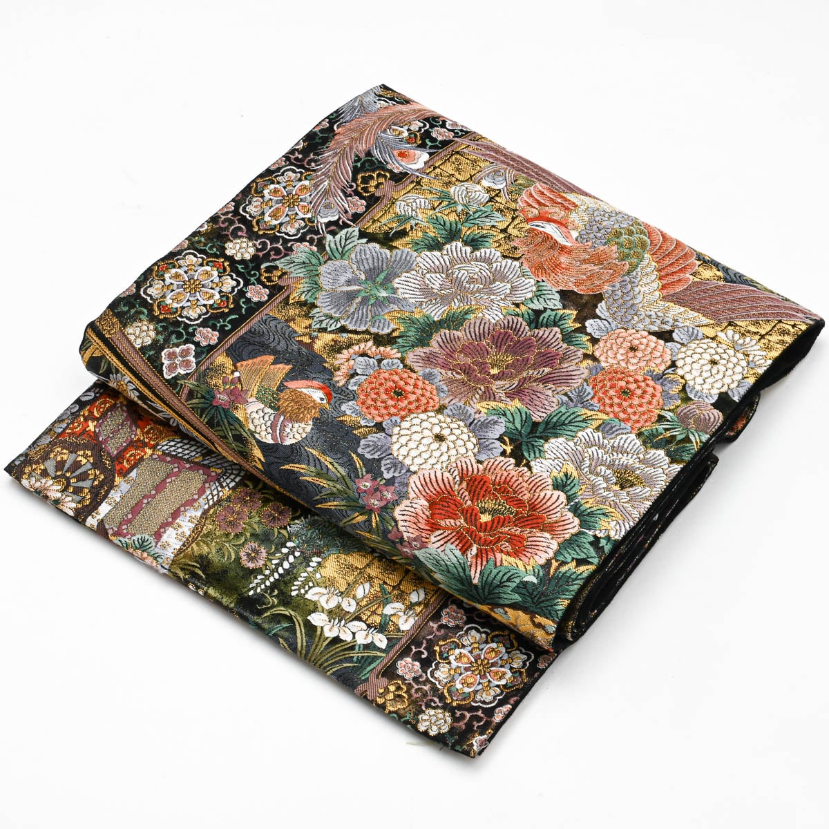 未使用品】袋帯 美品 鳳凰 百花 唐花文 本漆本金箔 黒地 西陣織 正絹