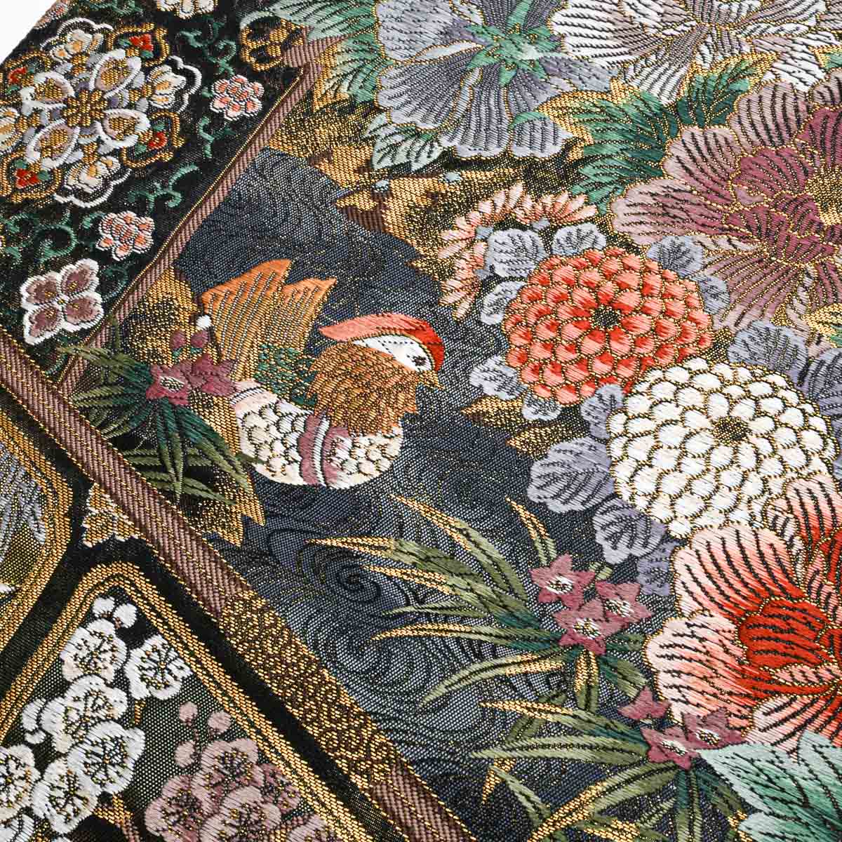 未使用品】袋帯 美品 鳳凰 百花 唐花文 本漆本金箔 黒地 西陣織 正絹