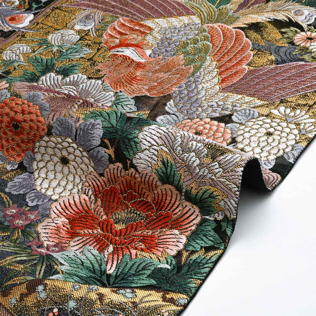 未使用品】袋帯 美品 鳳凰 百花 唐花文 本漆本金箔 黒地 西陣織 正絹