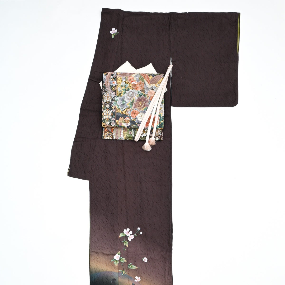 新品未使用　七五三用　正絹　西陣織　黒地 花柄 未使用品】袋帯 美品 鳳凰 百花 唐花文 本漆本金箔 黒地 西陣織 正絹