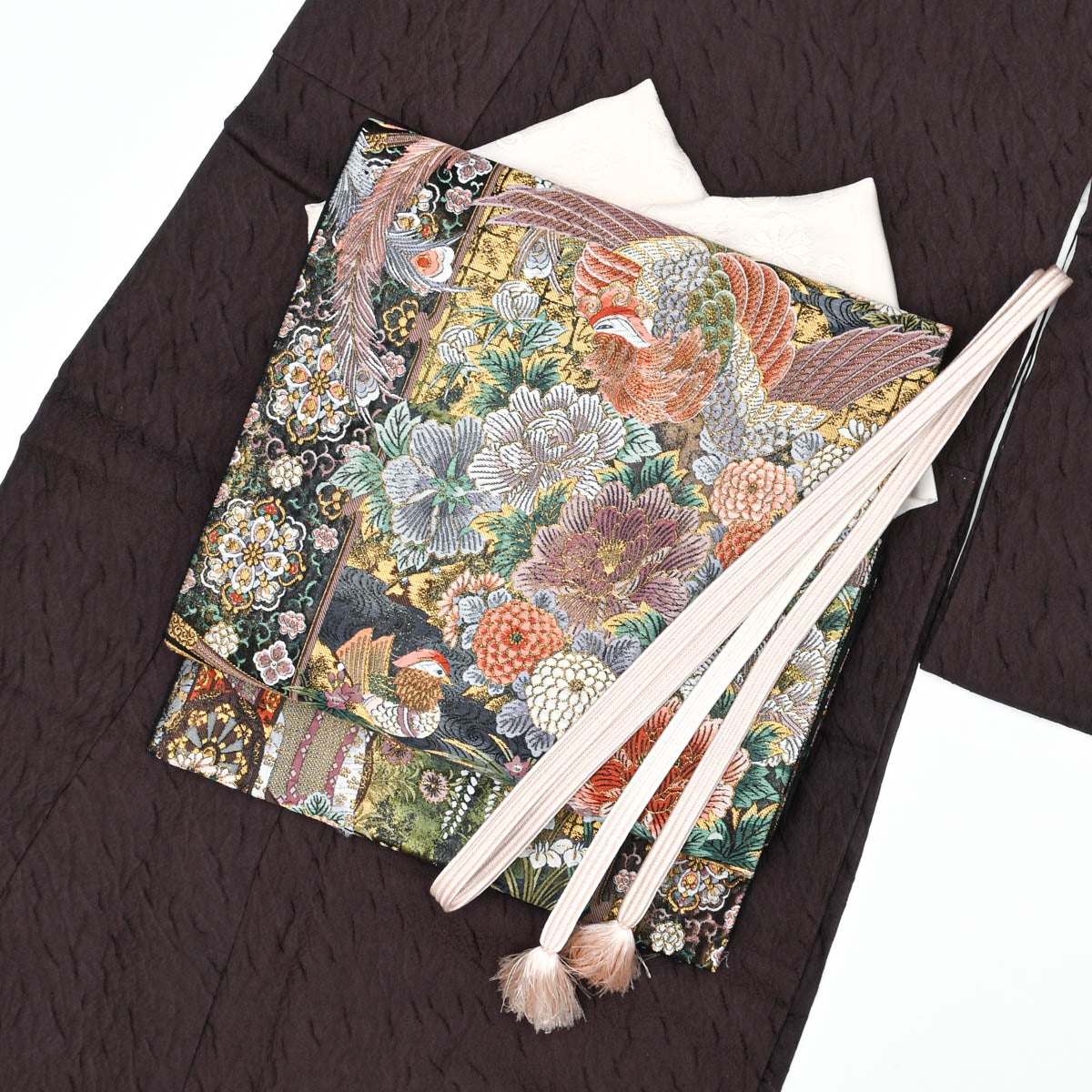 未使用品】袋帯 美品 鳳凰 百花 唐花文 本漆本金箔 黒地 西陣織 正絹